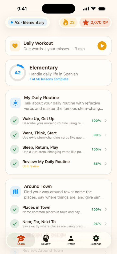 The Understood In course map: an A2 unit with completed lessons, a 23-day streak and a Daily Workout card