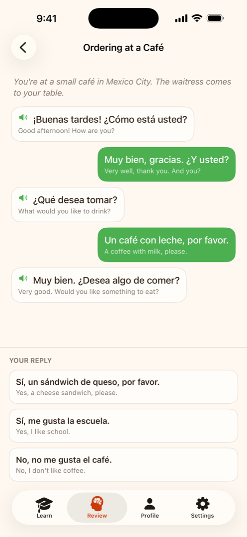 A conversation at a café in Mexico City, two turns in, with three replies to choose from