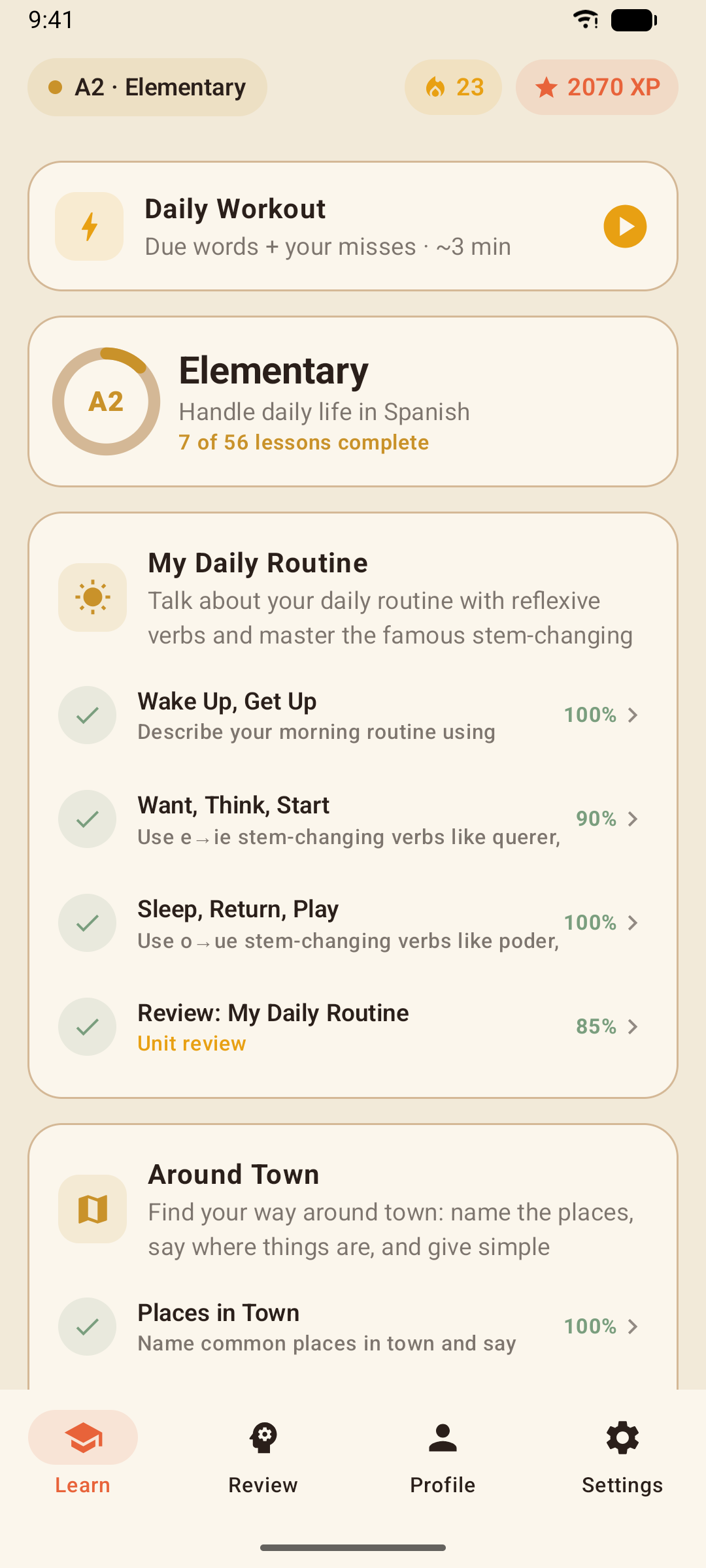 The Learn tab: the level pill, streak and XP badges, the Daily Workout card, the level ring and a unit with its lessons