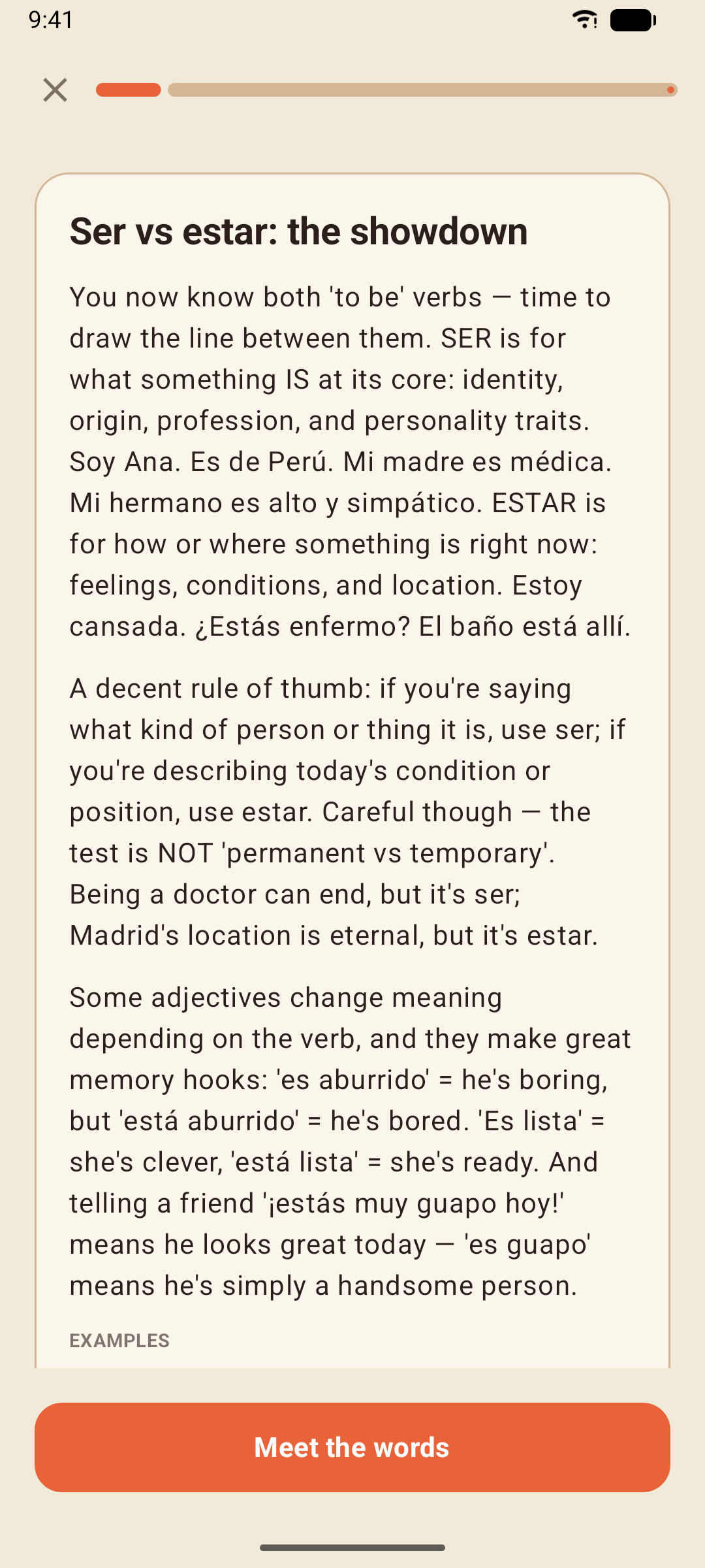 A lesson's grammar note — the explanation with Spanish examples you can play