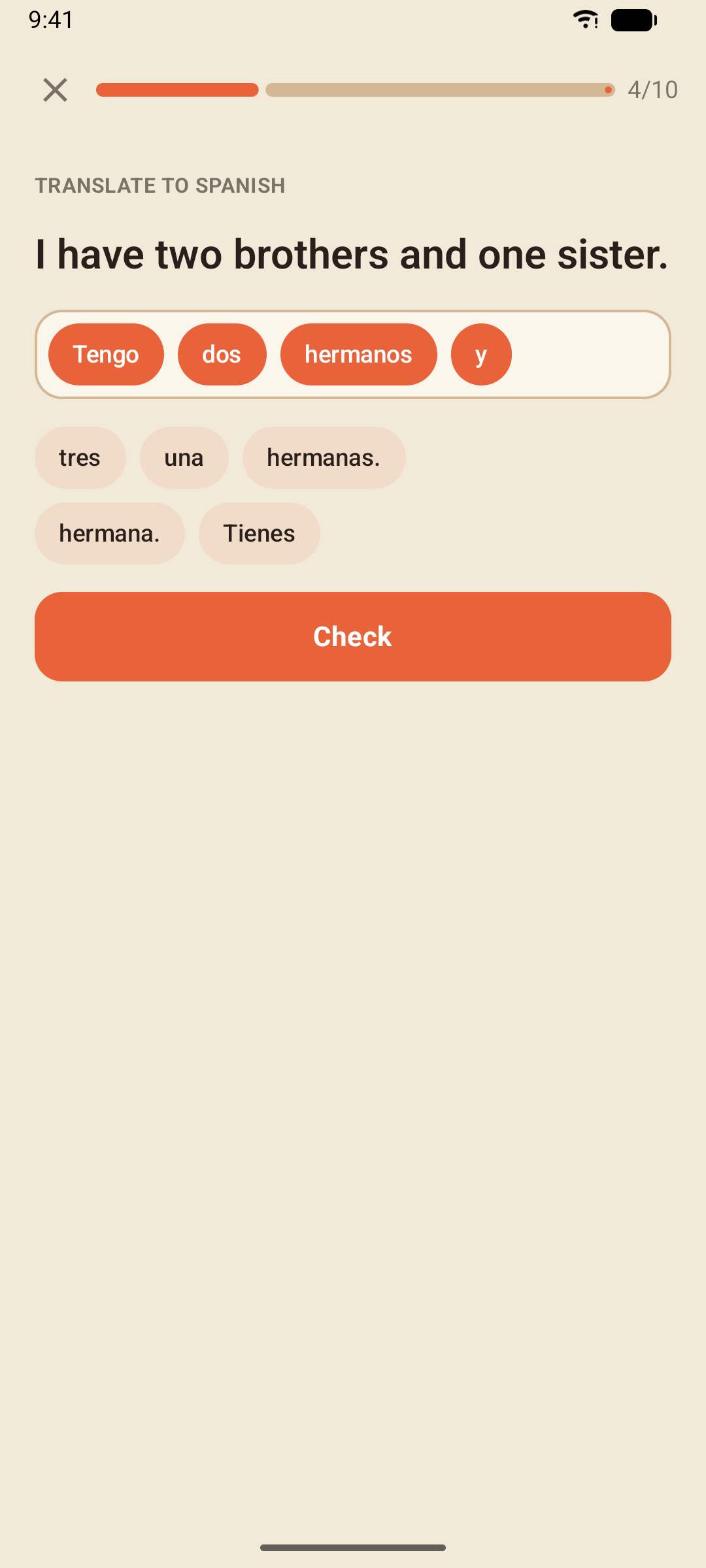 A word-bank translation half built: Tengo dos hermanos y …