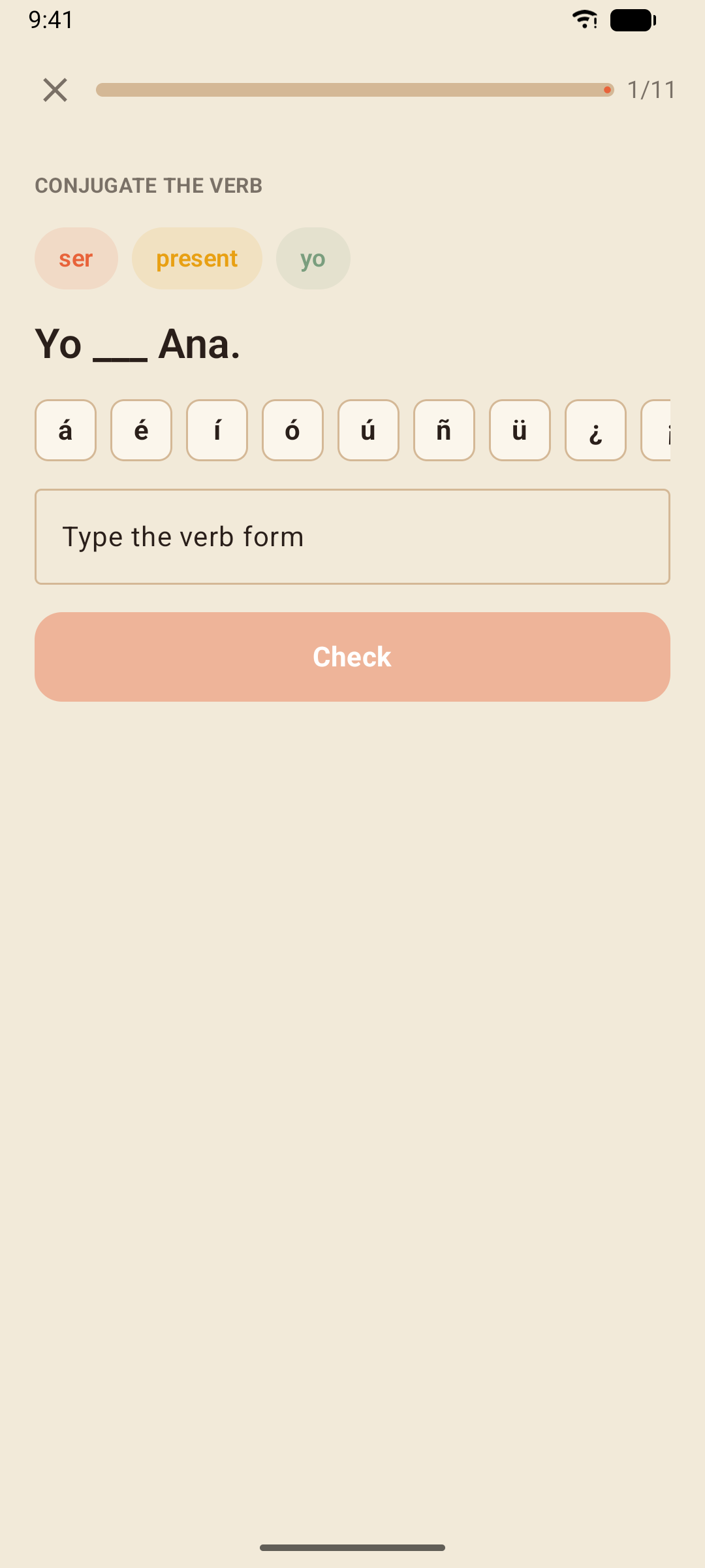 A conjugation exercise with the pronoun chip and the typed form