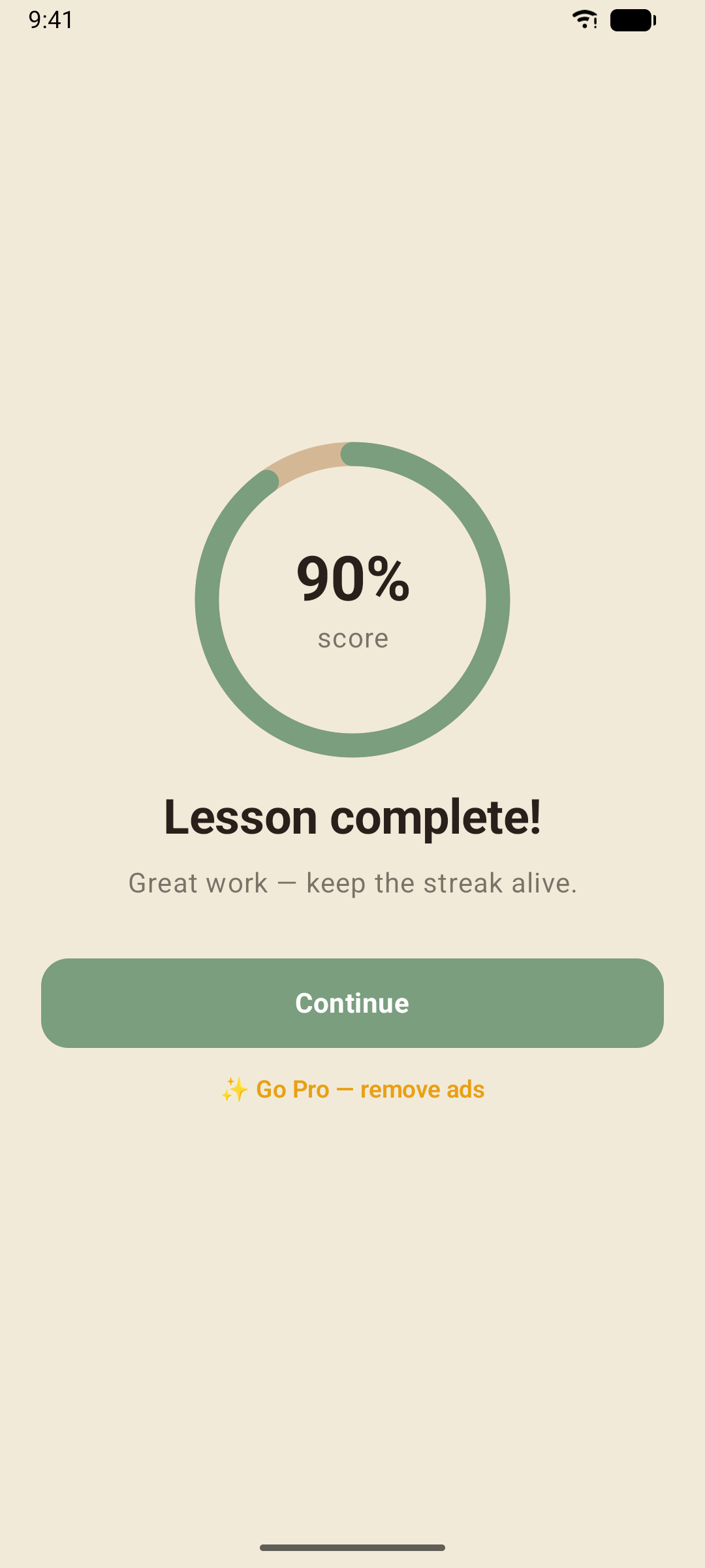 The lesson result screen: score, XP earned and the words that joined Smart Review