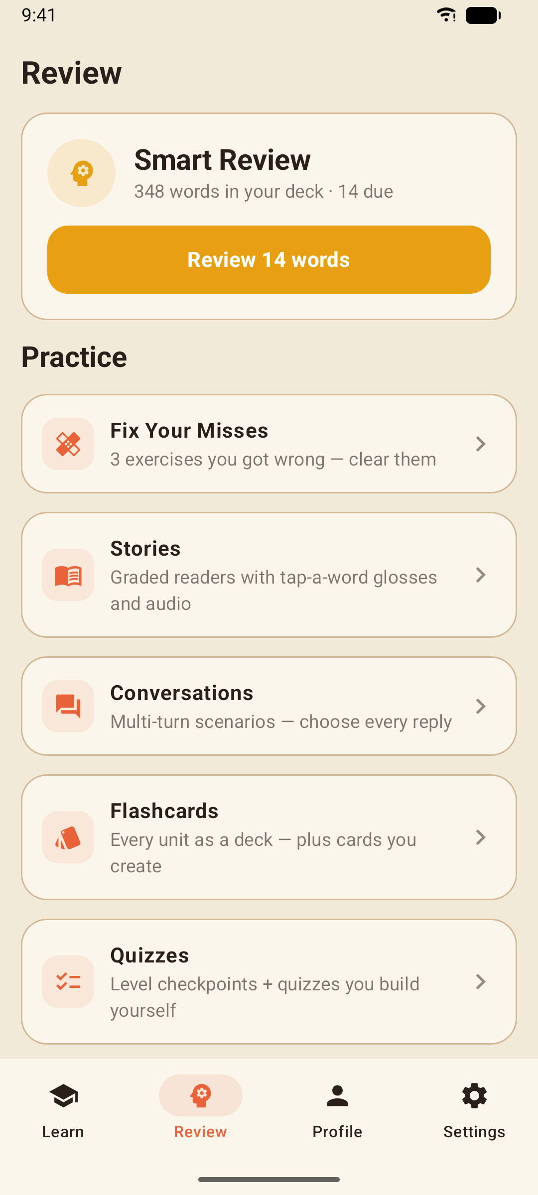 The Review tab: Smart Review with the deck and due counts, then Fix Your Misses, Stories, Conversations, Flashcards, Quizzes, the Conjugation Gym, the Grammar Library and the Phrasebook