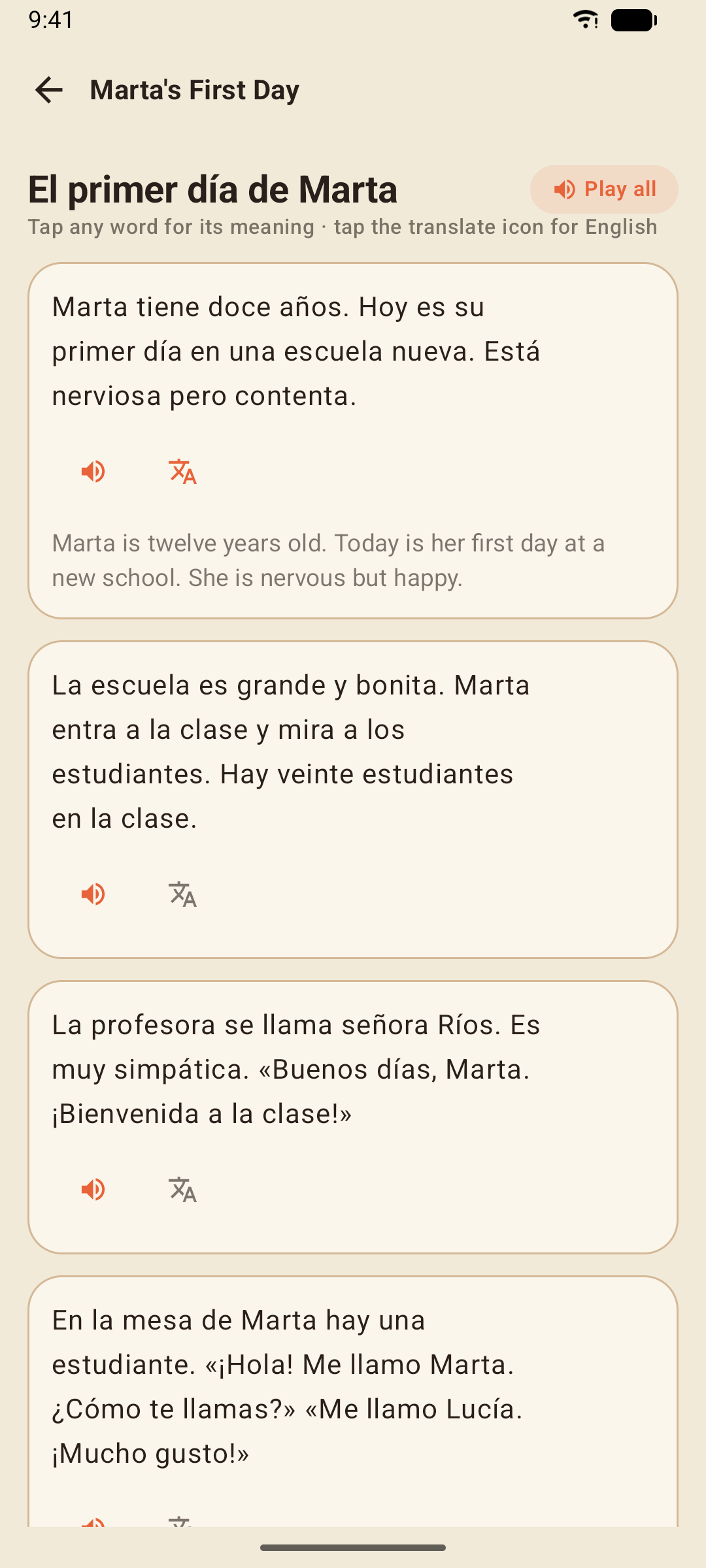 A graded story with the first paragraph's translation revealed