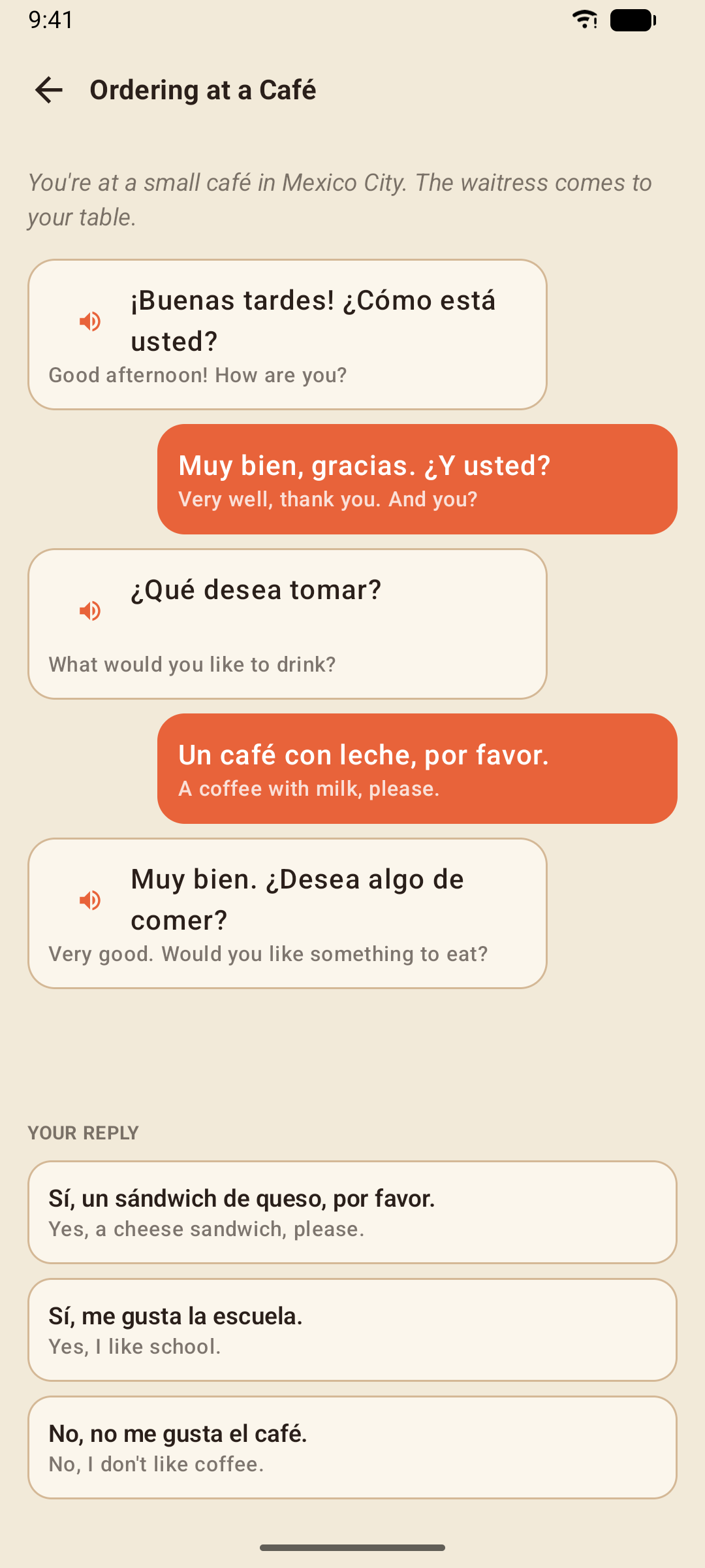 A conversation two turns in, with the next replies to choose from