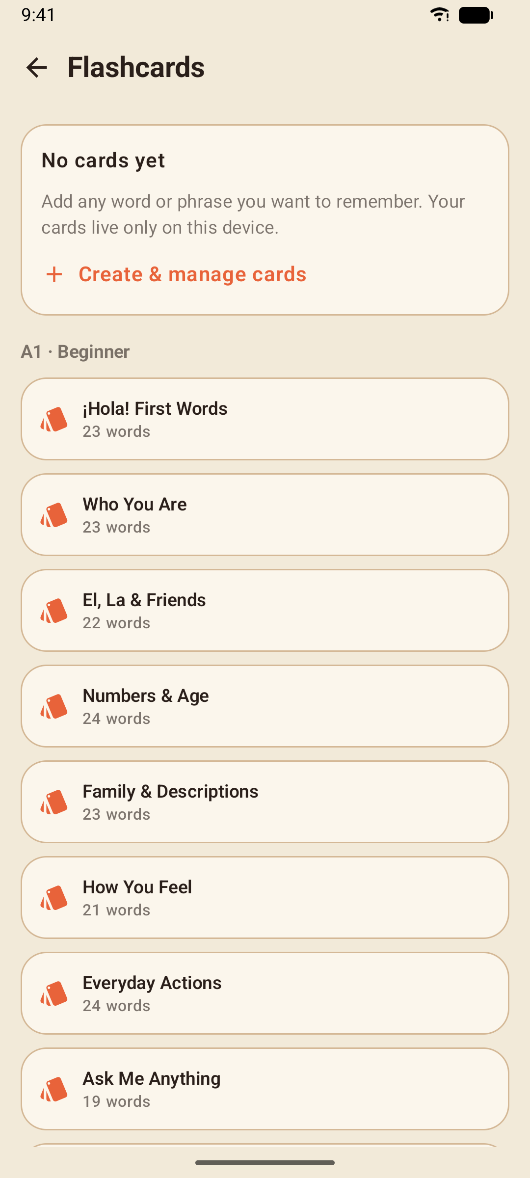 The Flashcards screen: My Cards and one deck per unit