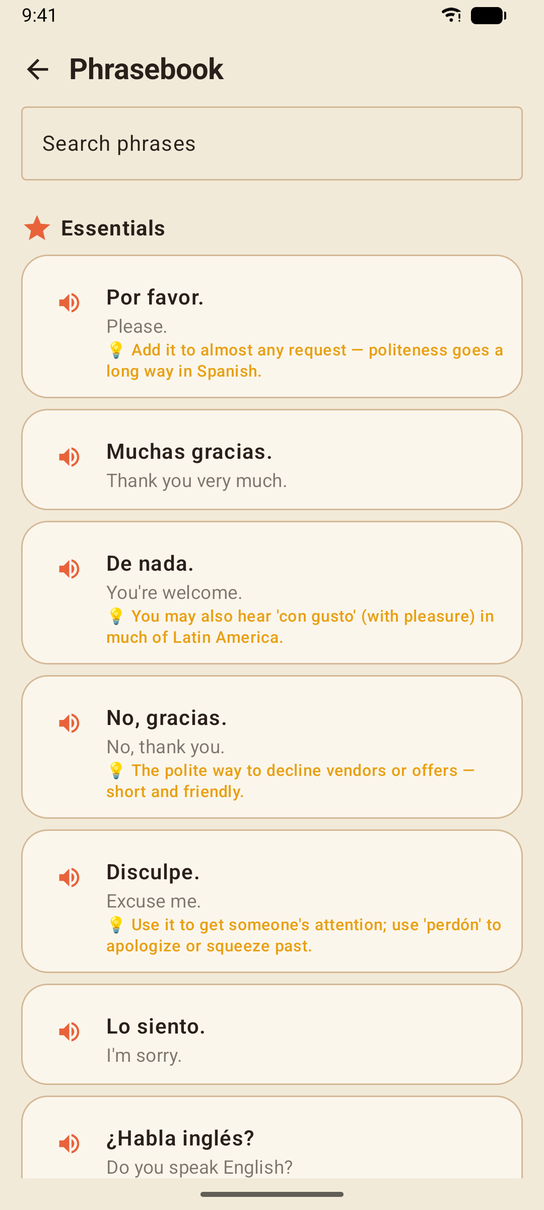 The Phrasebook: phrases by category, each with a speaker button