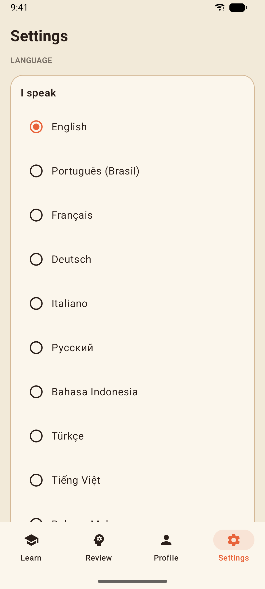 Settings: I speak, Spanish voice, reminders, Backup & transfer, Pro and privacy