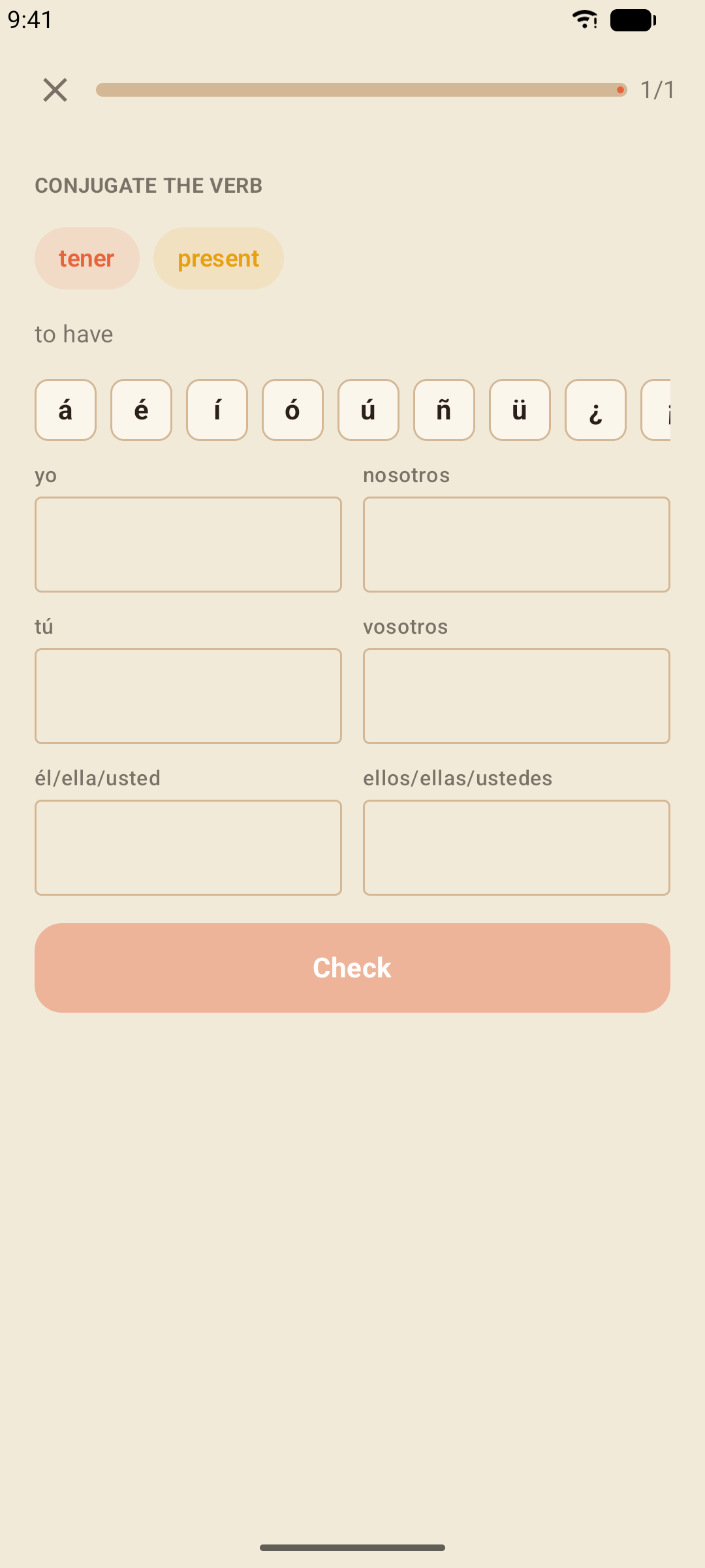 Fill the chart: tener in the present tense, one box per person from yo to ellos, with a Check button