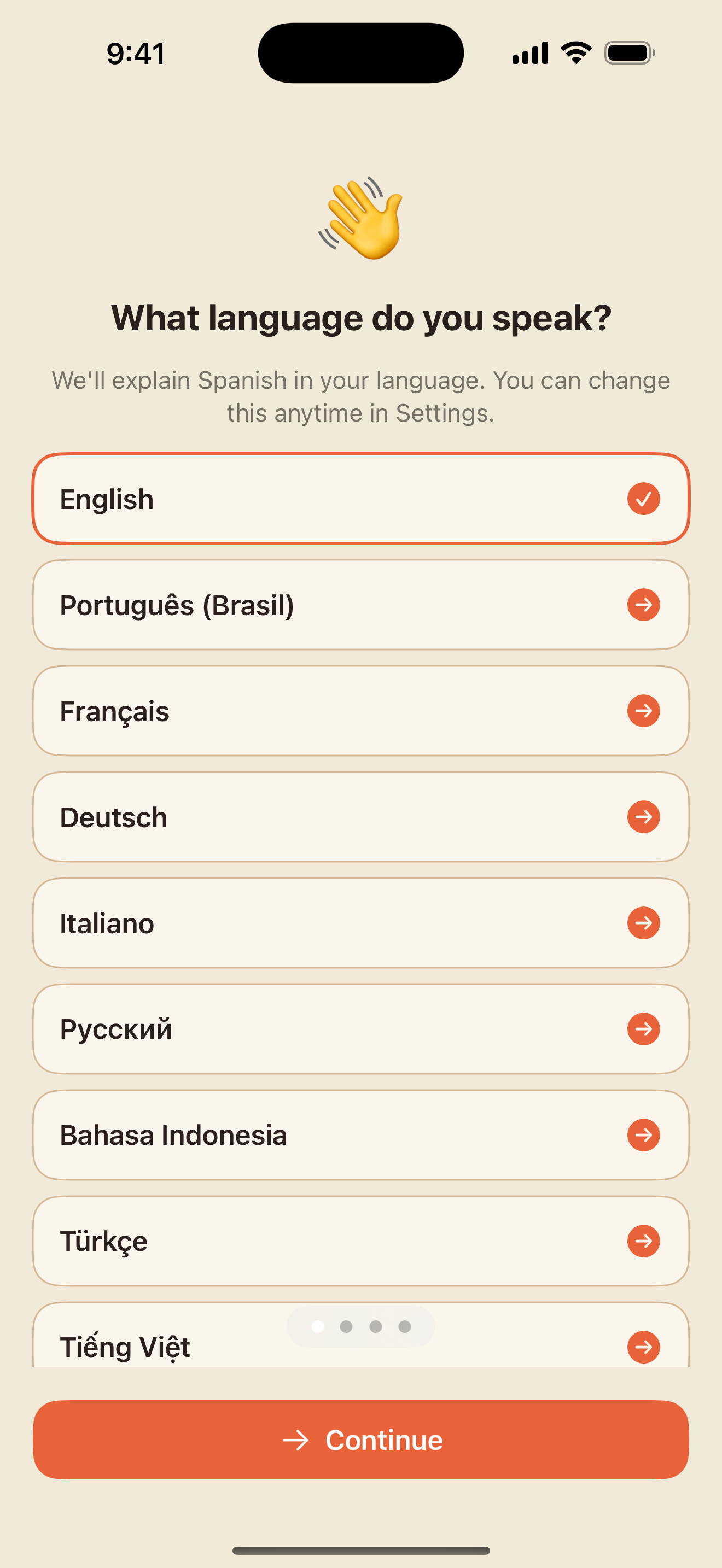 The first-run screen: choose the language you speak from a list of 33