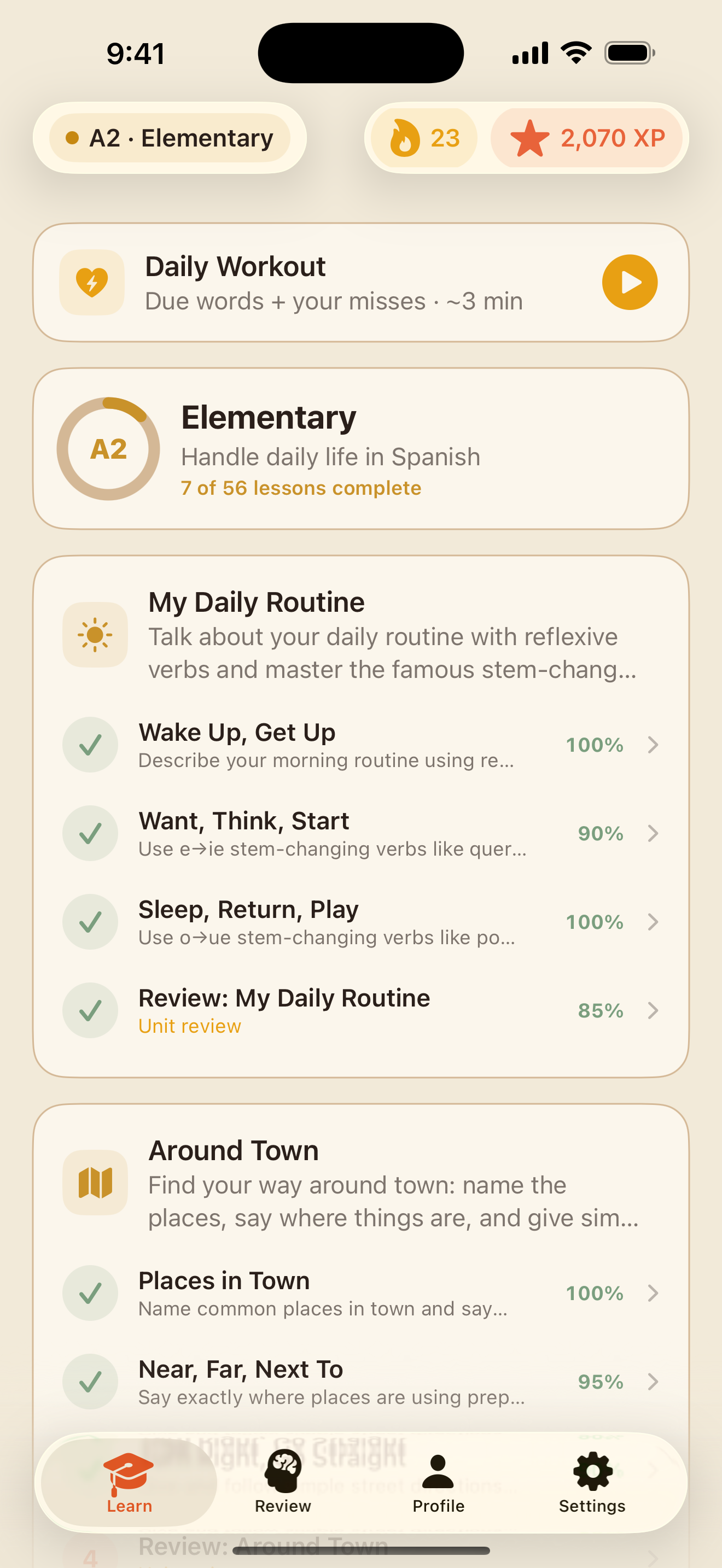 The Learn tab: the level pill, streak and XP badges, the Daily Workout card, the level ring and a unit with its lessons