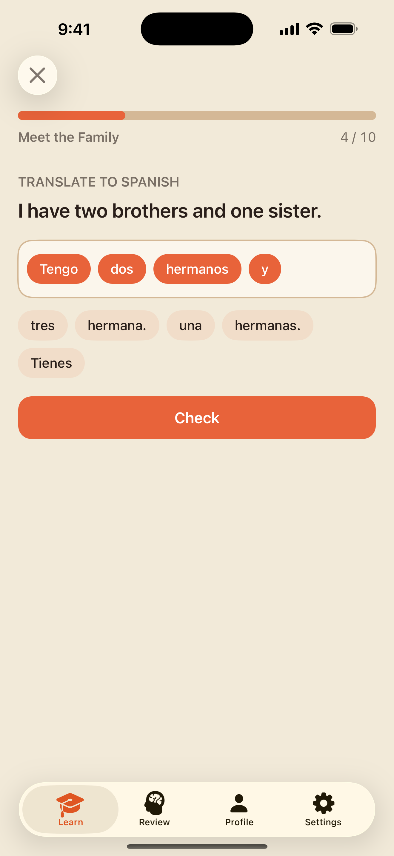 A word-bank translation half built: Tengo dos hermanos y …