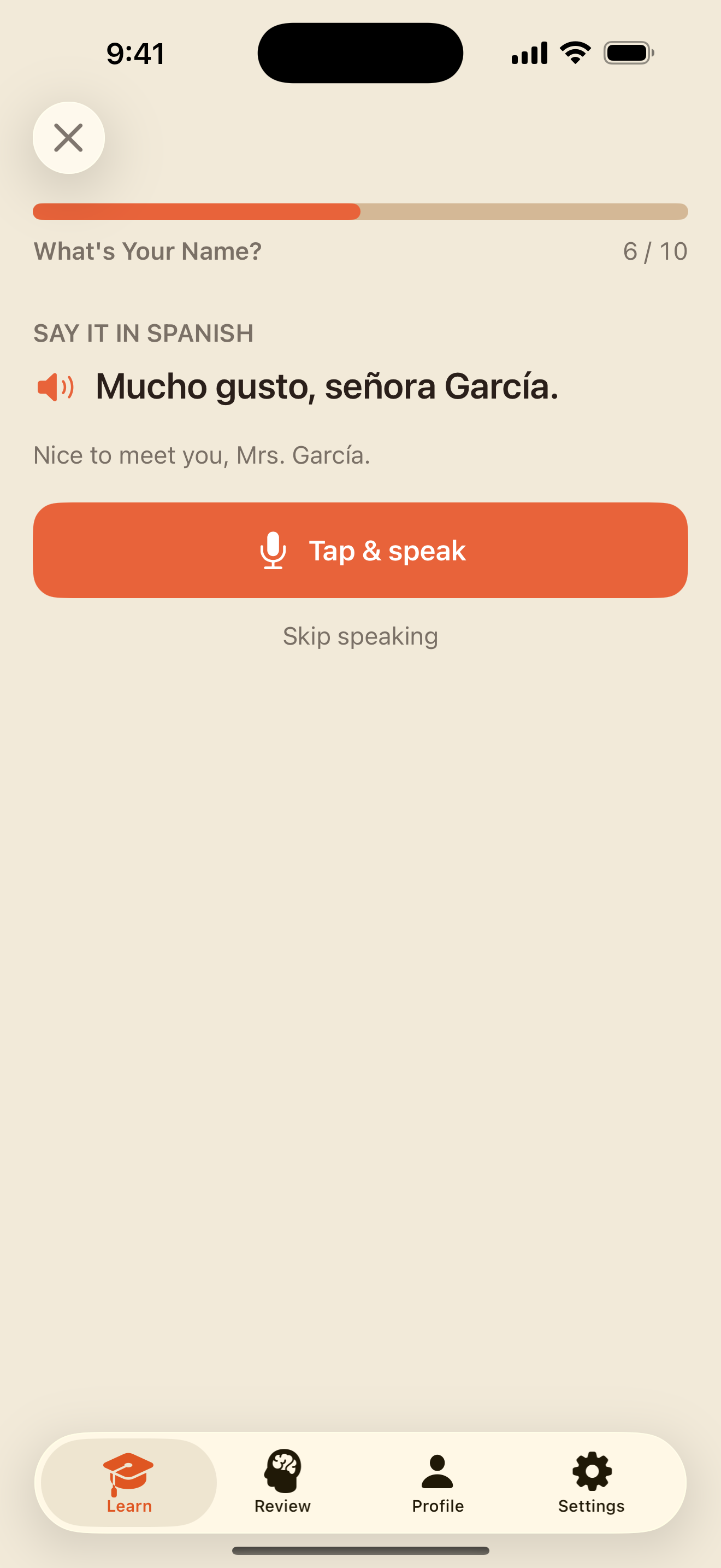 A speaking exercise waiting for you to tap and speak