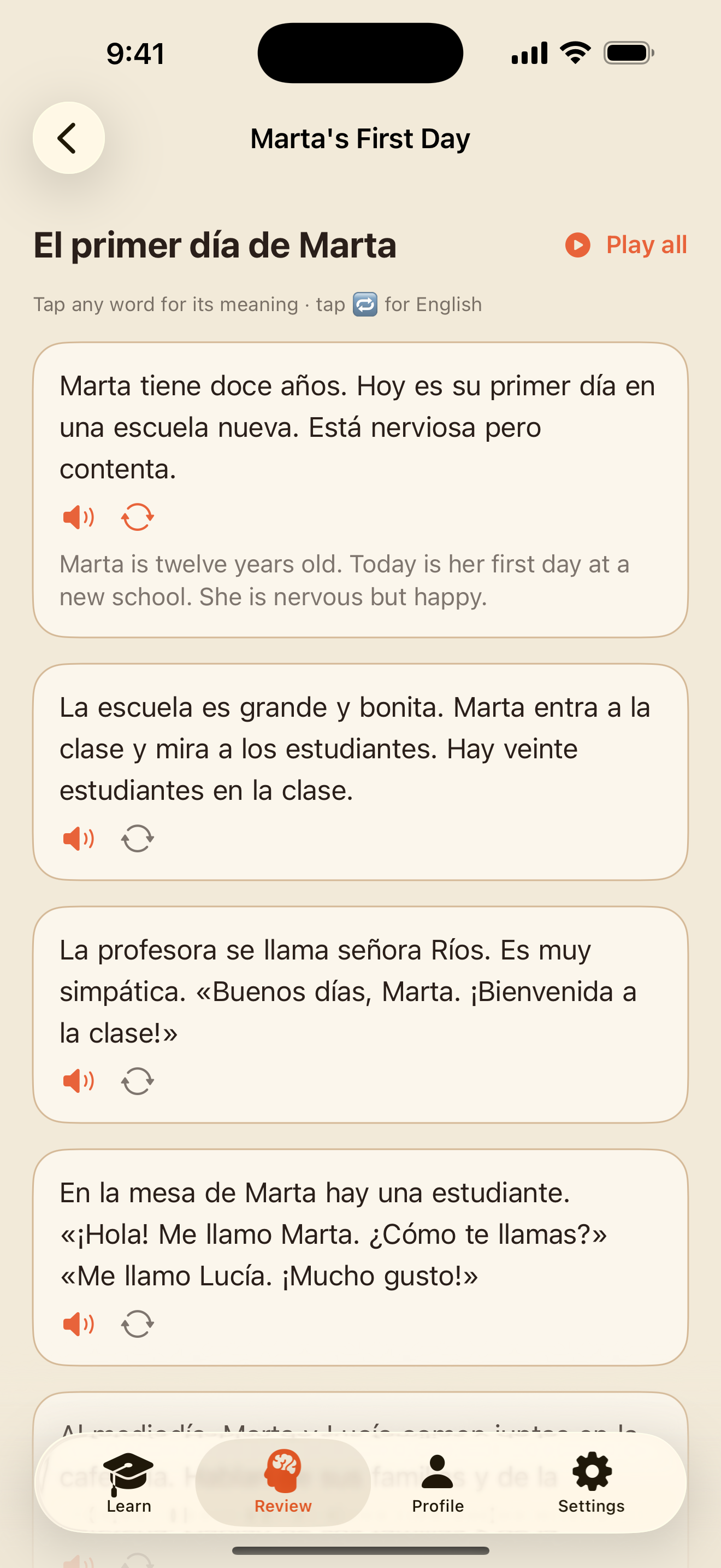 A graded story with the first paragraph's translation revealed