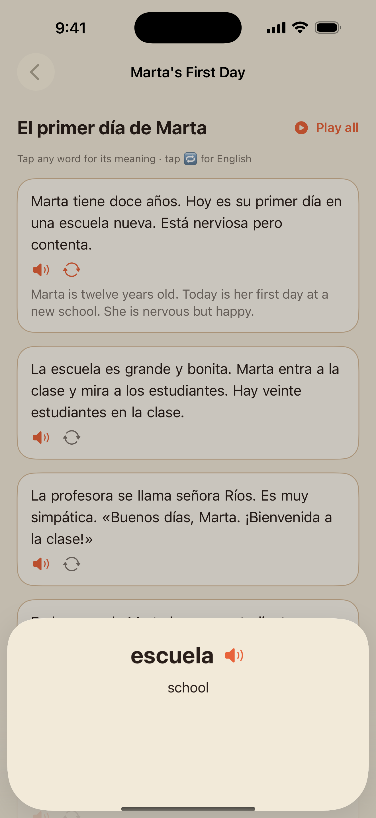 The same story with the tap-a-word sheet open on escuela