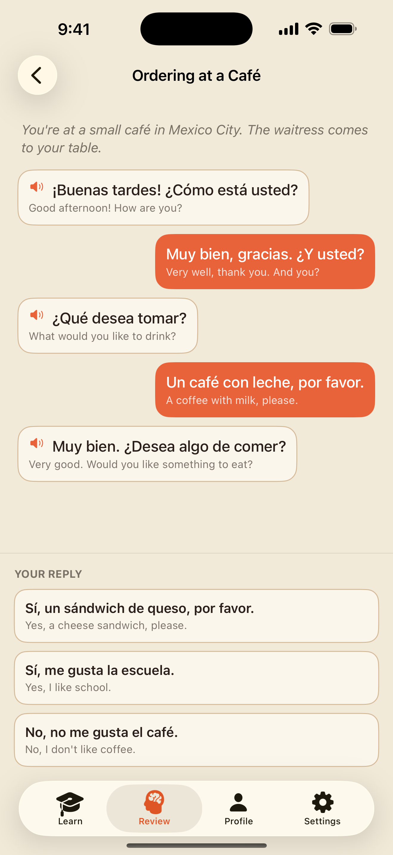 A conversation two turns in, with the next replies to choose from