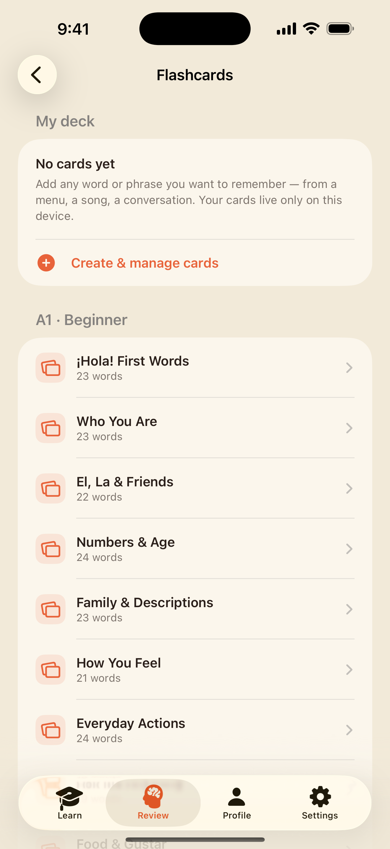 The Flashcards screen: My Cards and one deck per unit