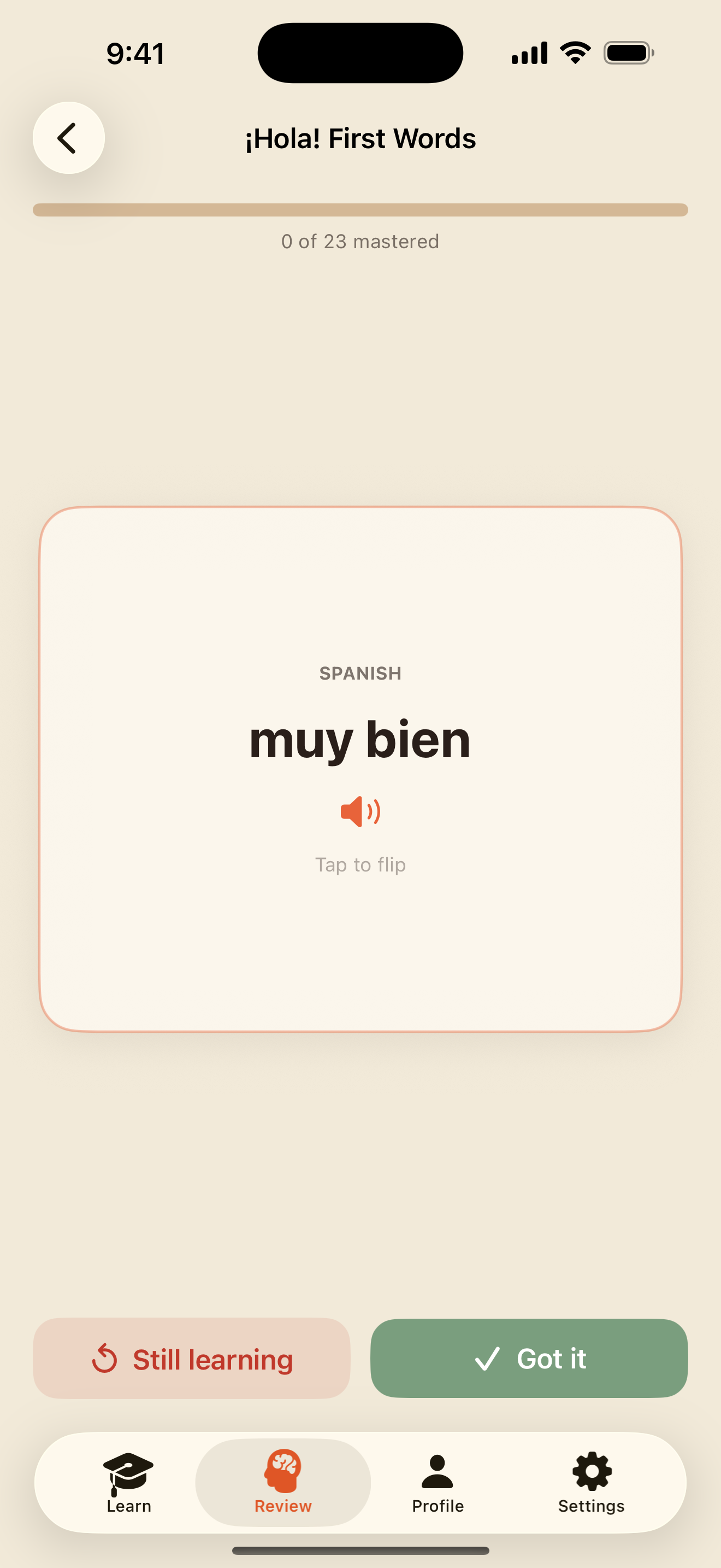 A flashcard face up with the Still learning and know-it buttons