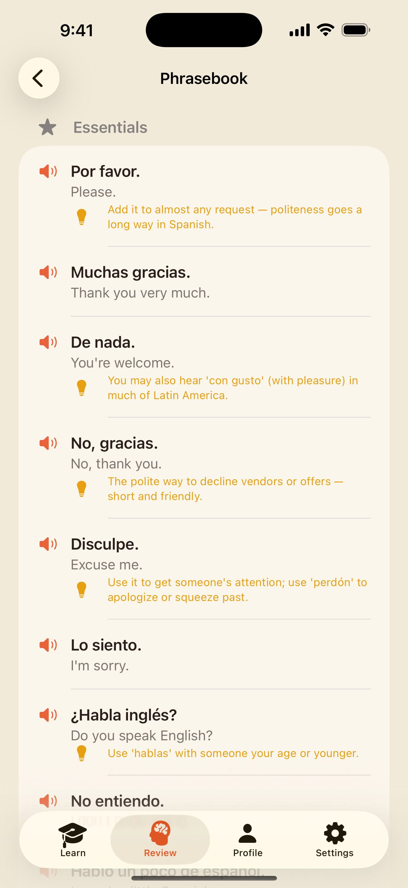 The Phrasebook: phrases by category, each with a speaker button