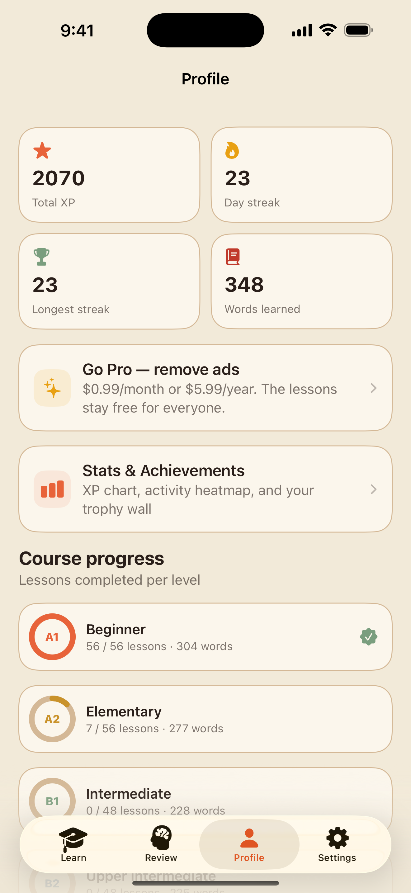 The Profile tab: XP, streak, words learned and progress rings per level