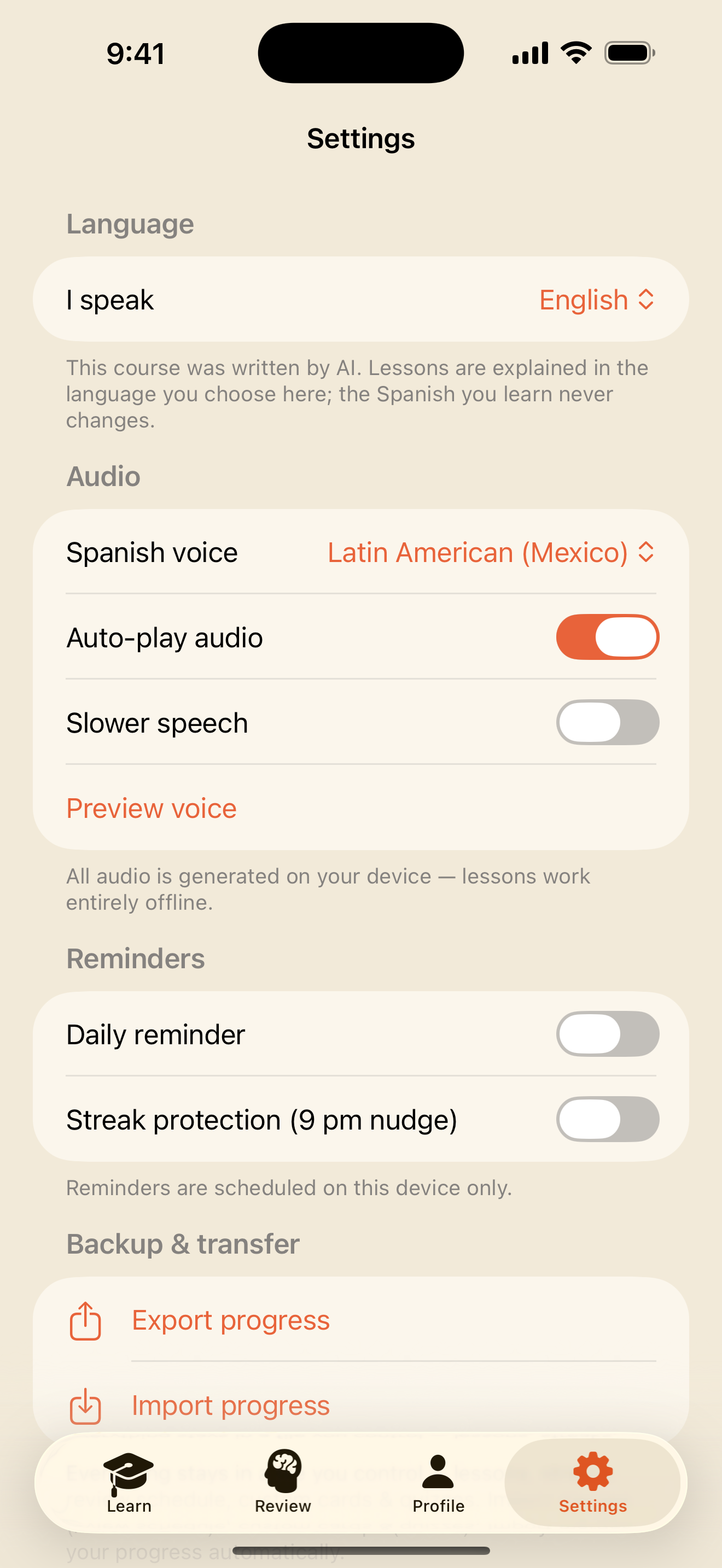 Settings: I speak, Spanish voice, reminders, Backup & transfer, Pro and privacy
