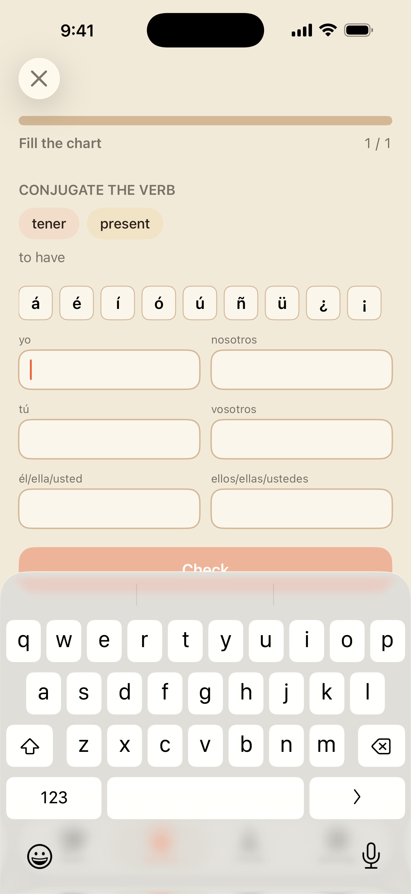 Fill the chart: tener in the present tense, one box per person from yo to ellos, with a Check button